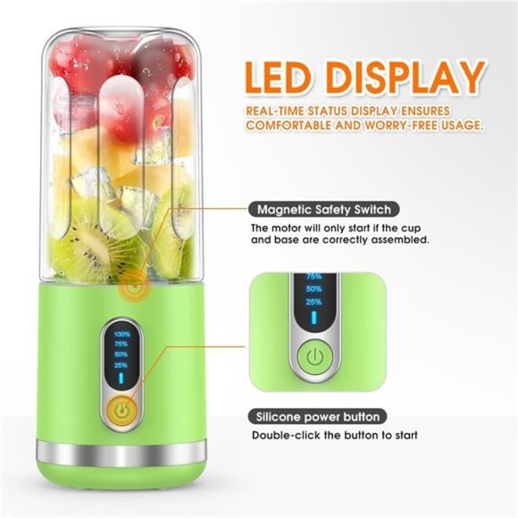 Portable Blender, Mini Blender USB C Rechargeable, 15.2 Oz, Green - Picture 6 of 7